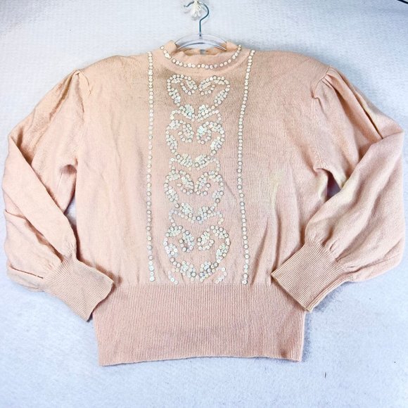 Vintage HORCHOW Womens M Pink Sequined Heart Wool Angora Puff Sleeve Sweater - Picture 1 of 14